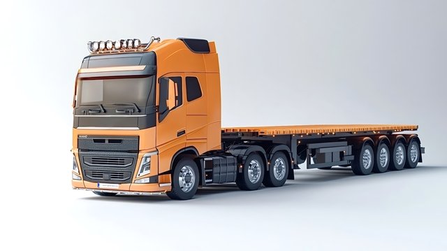 Modern orange volvo fh16 750 semi-trailer truck featuring a flatbed trailer, positioned against a clean white background, is prepared for efficient delivery of goods and cargo
